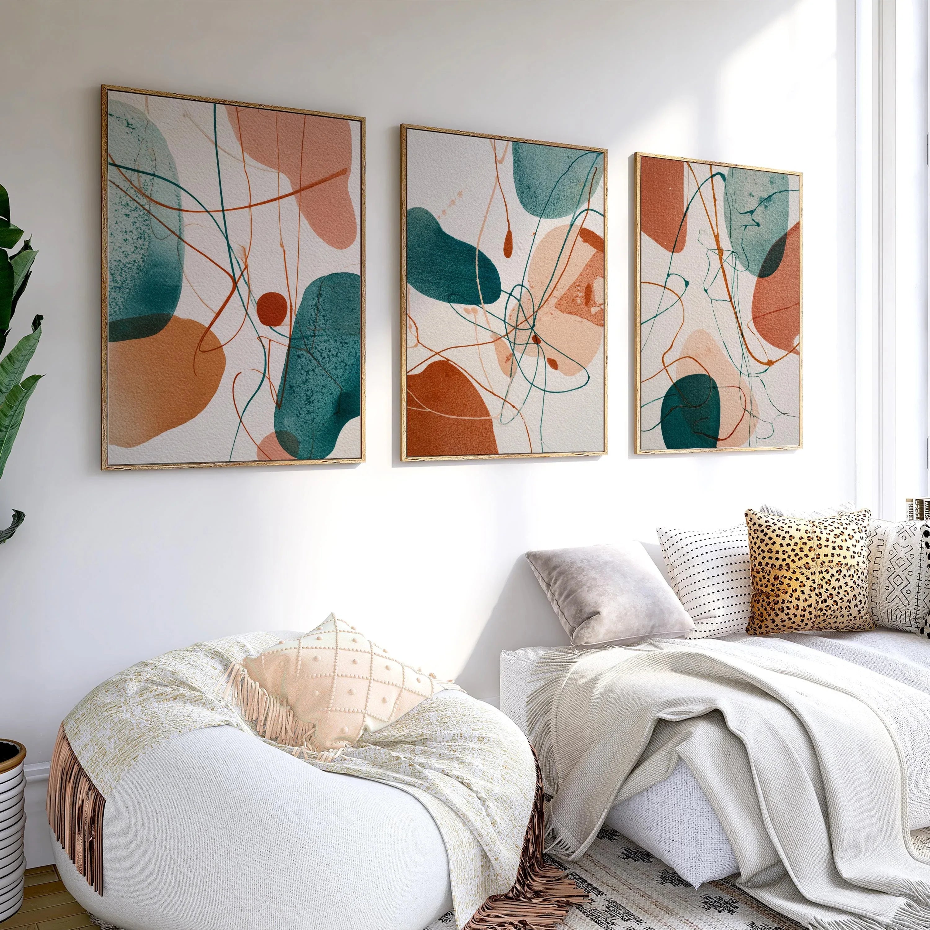 Abstract boho wall art set of 3 – teal terracotta organic shapes decor