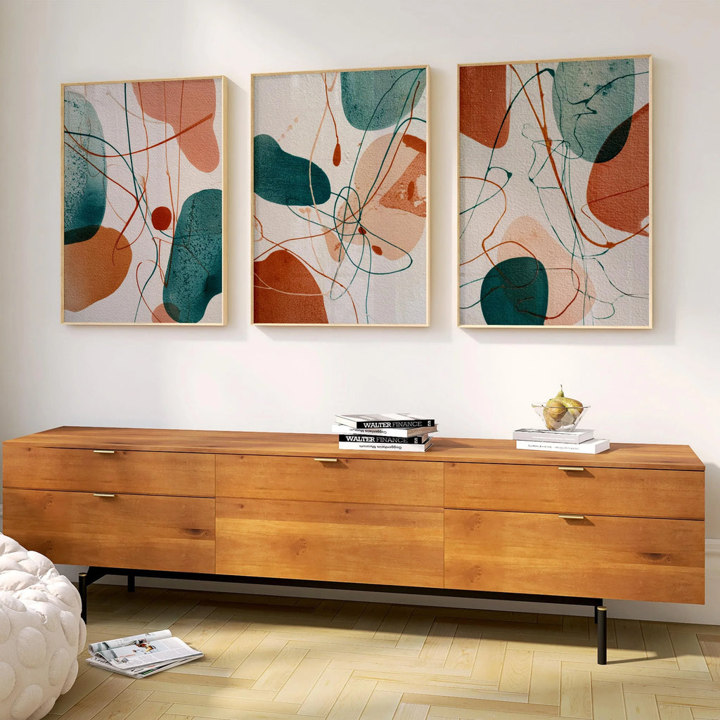 Abstract boho wall art set of 3 – teal terracotta organic shapes decor