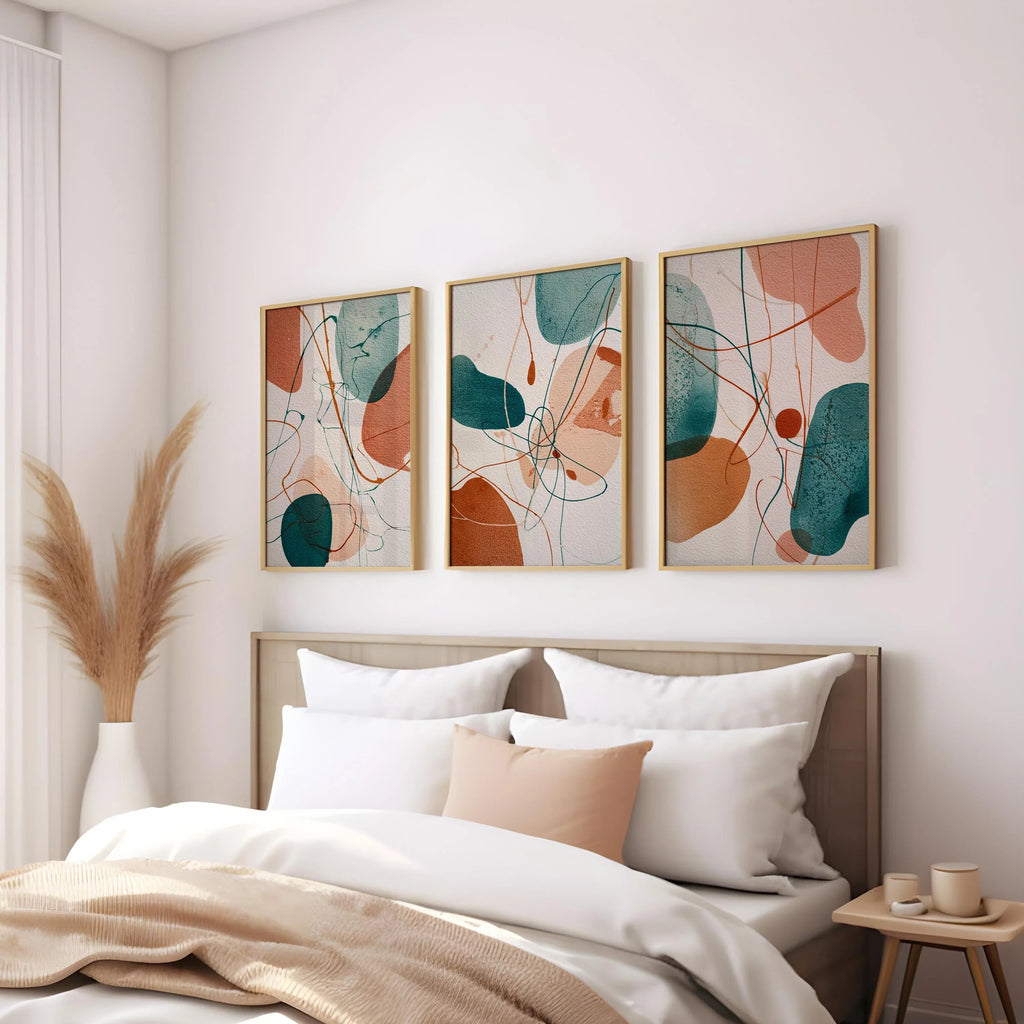 Abstract boho wall art set of 3 – teal terracotta organic shapes decor