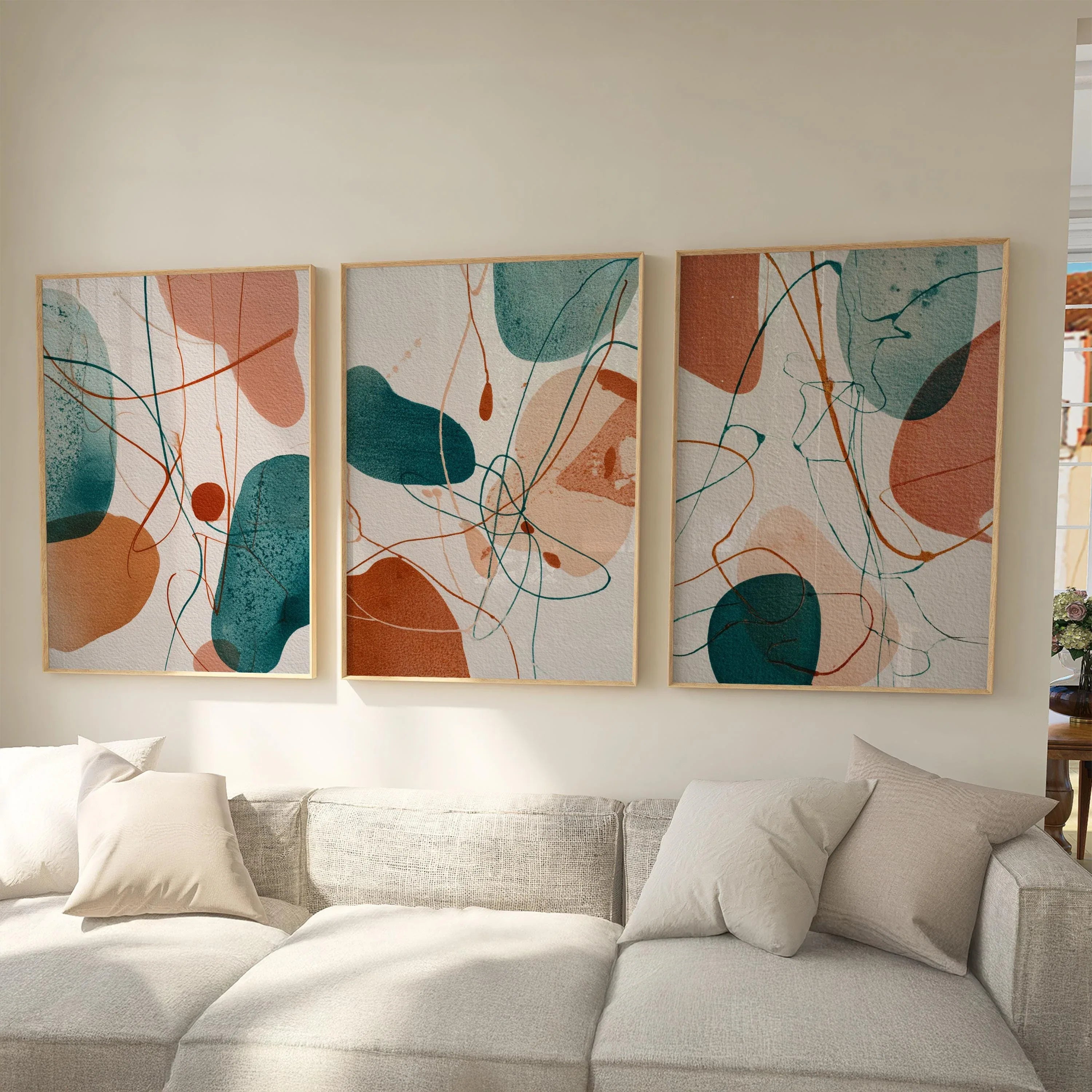 Abstract boho wall art set of 3 – teal terracotta organic shapes decor