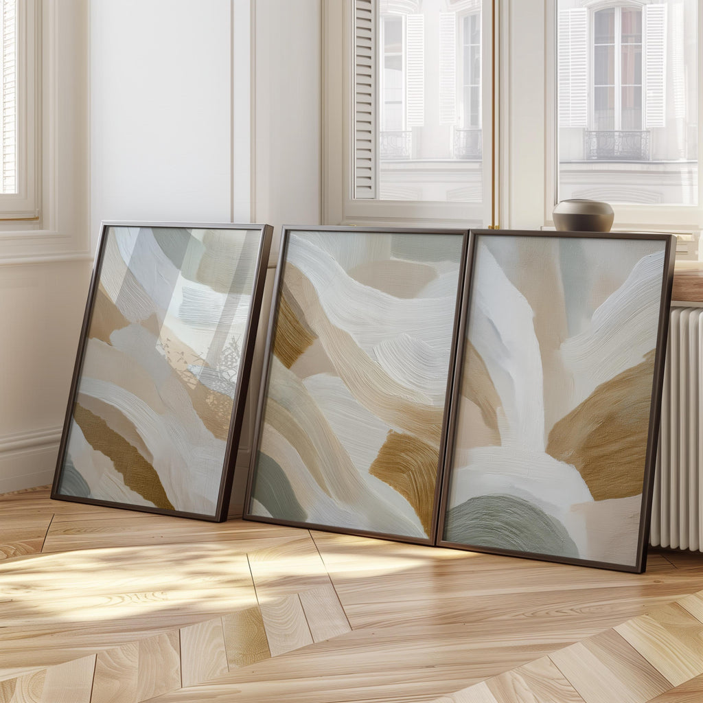 Abstract brushstroke wall art triptych – sage green beige calming decor