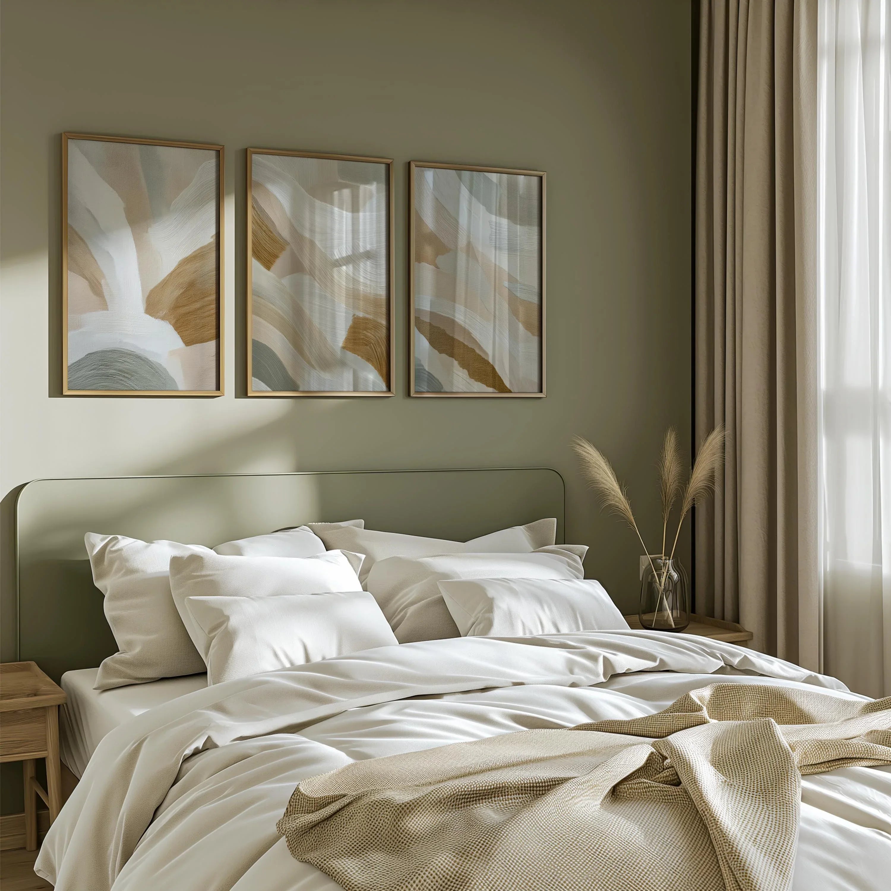 Abstract Brushstroke Sage Green Beige Triptych | Wallsio Art
