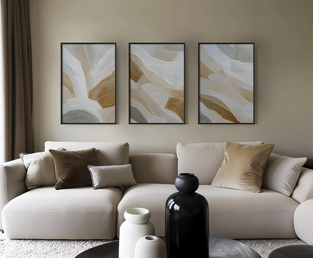 Abstract brushstroke wall art triptych – sage green beige calming decor
