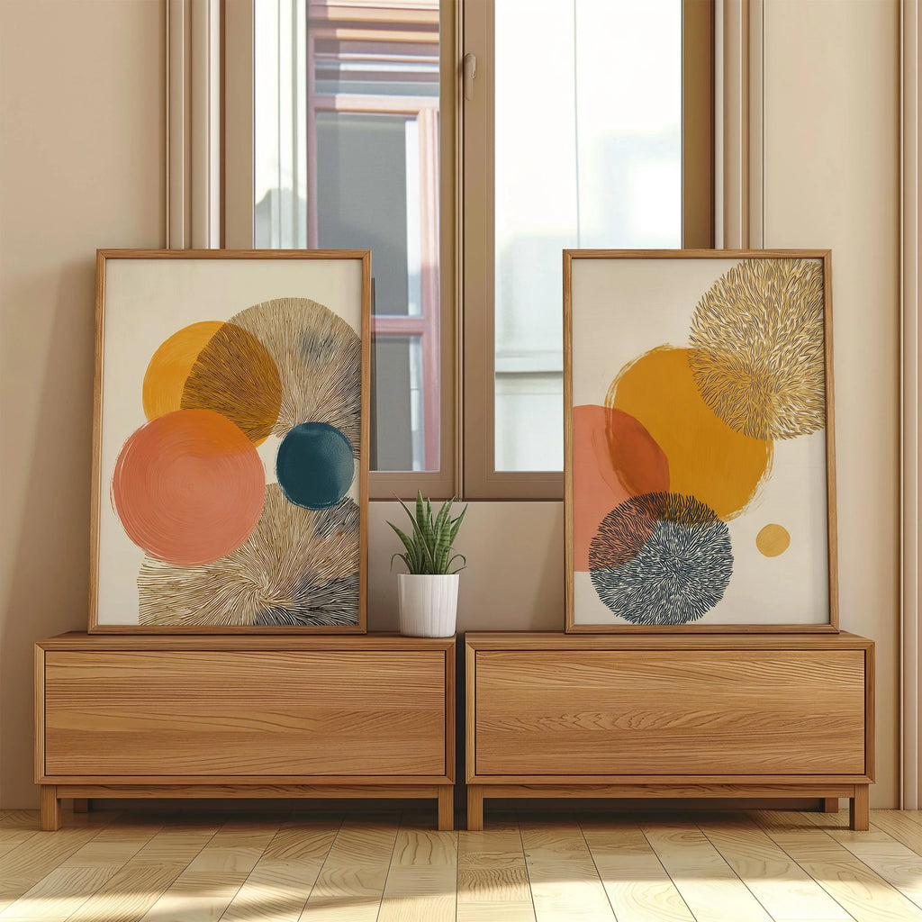 Abstract circle wall art set of 2 – mustard orange teal geometric decor