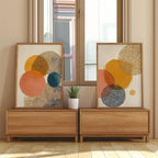 Abstract circle wall art set of 2 – mustard orange teal geometric decor