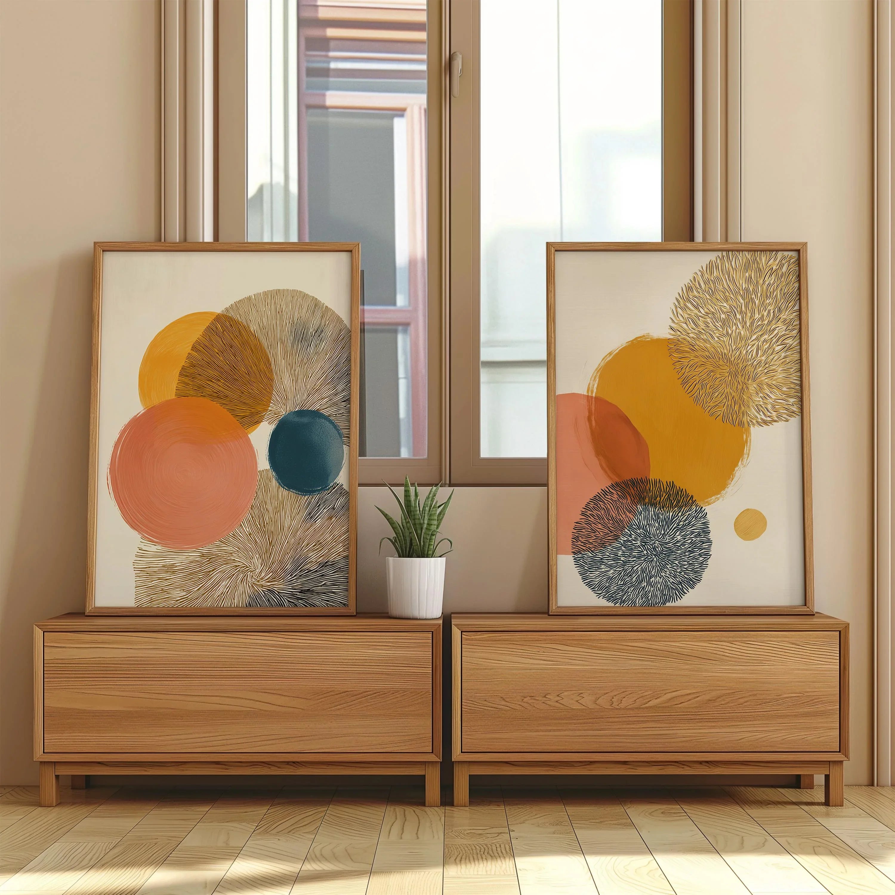 Abstract circle wall art set of 2 – mustard orange teal geometric decor