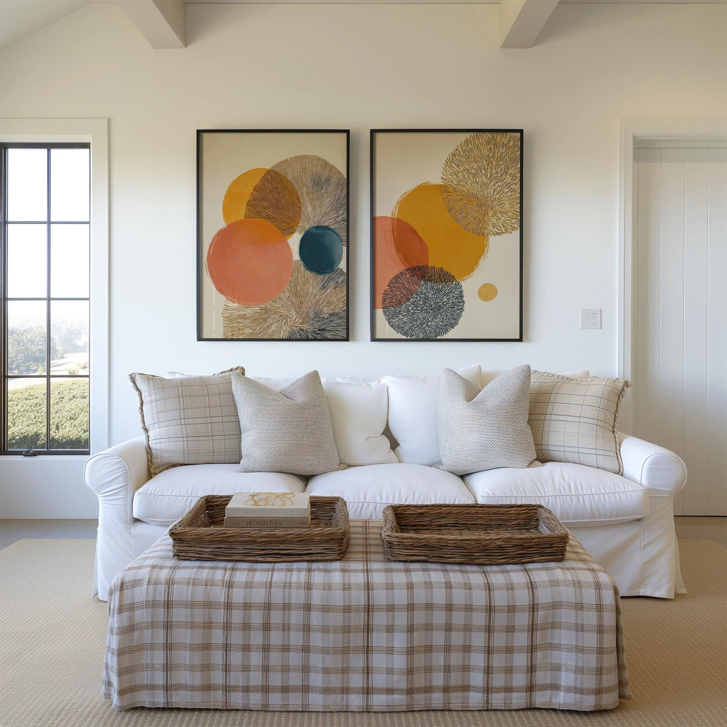 Abstract circle wall art set of 2 – mustard orange teal geometric decor