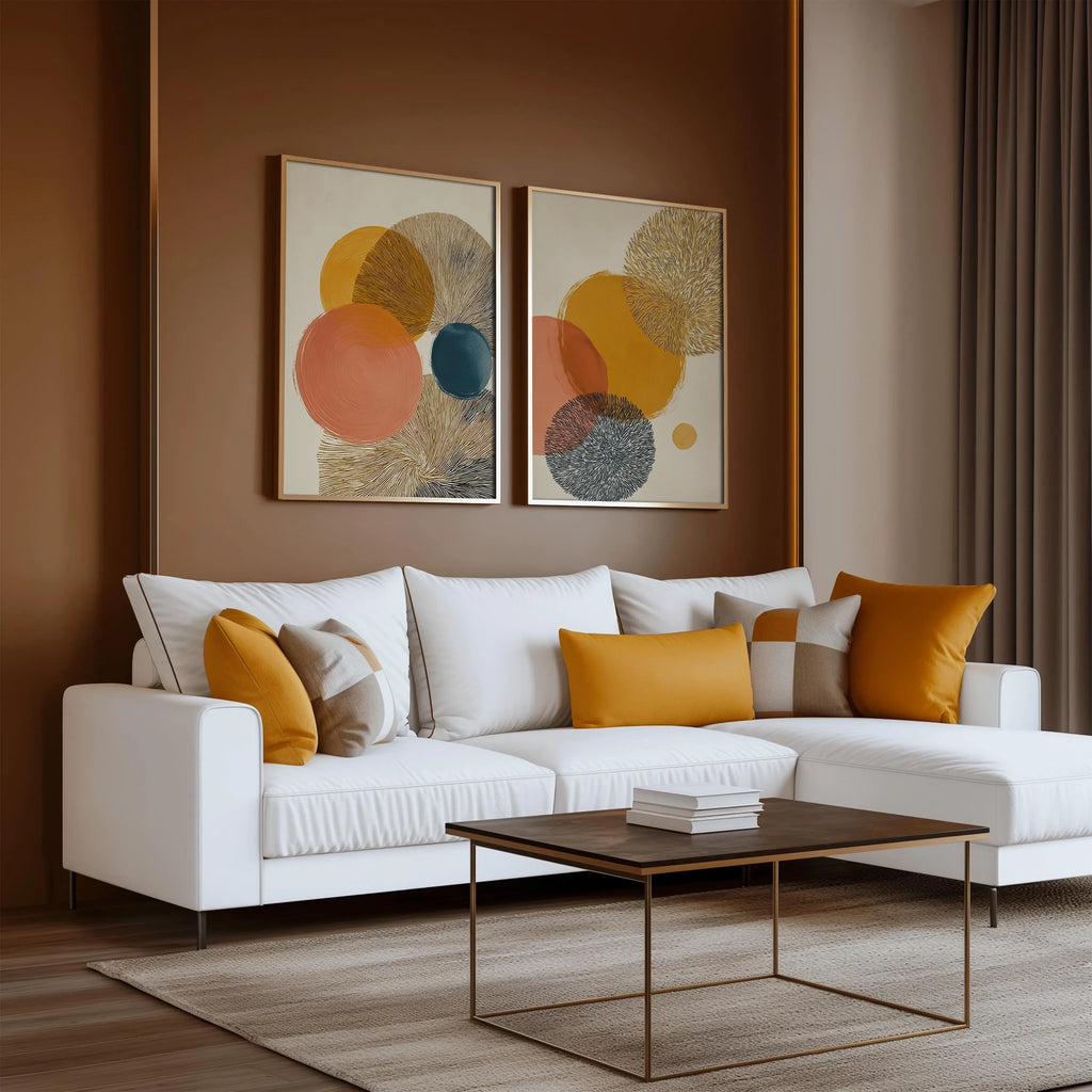 Abstract circle wall art set of 2 – mustard orange teal geometric decor