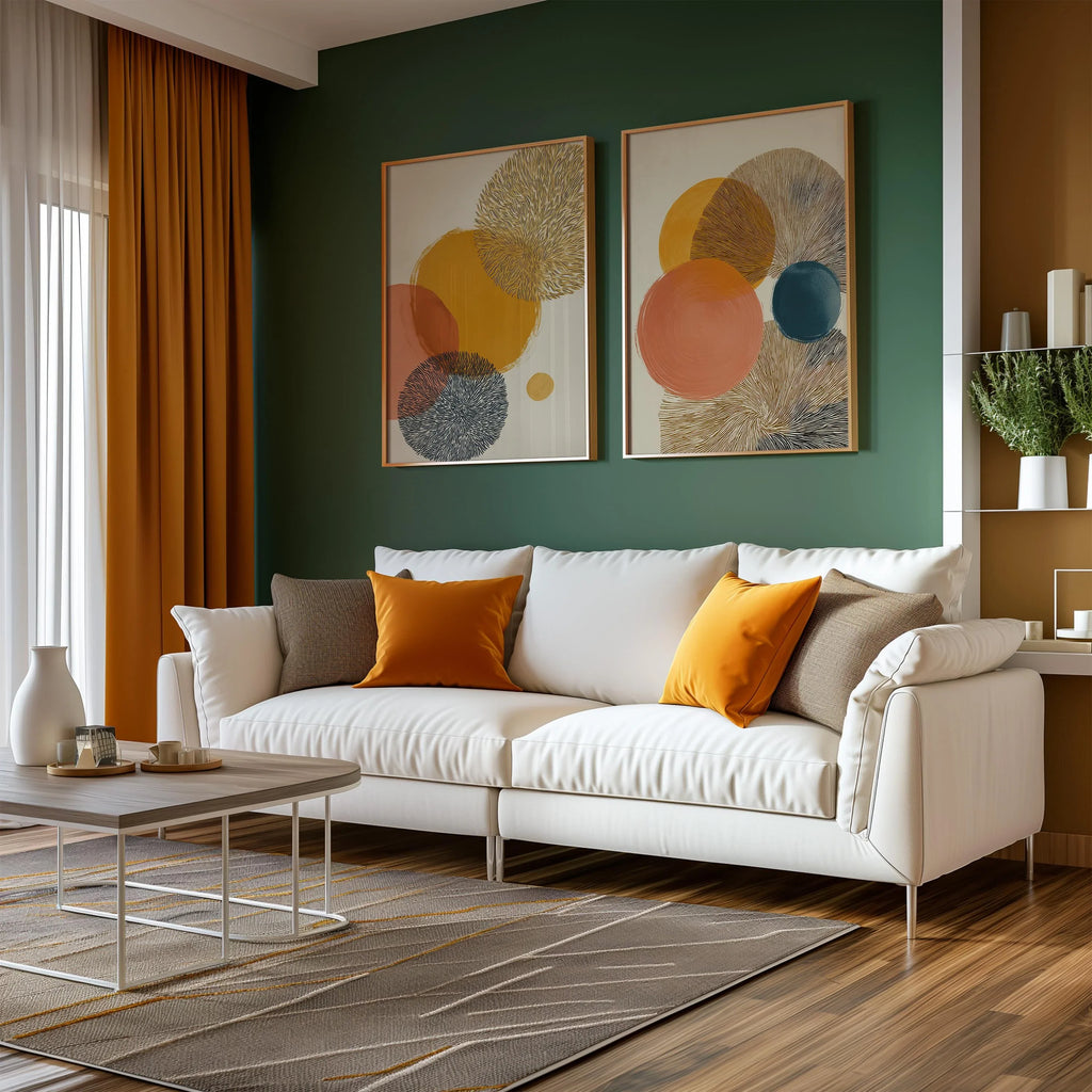 Abstract circle wall art set of 2 – mustard orange teal geometric decor