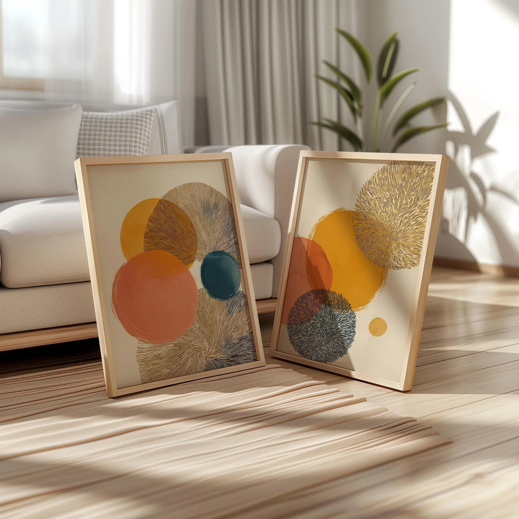 Abstract circle wall art set of 2 – mustard orange teal geometric decor