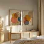 Abstract circle wall art set of 2 – mustard orange teal geometric decor