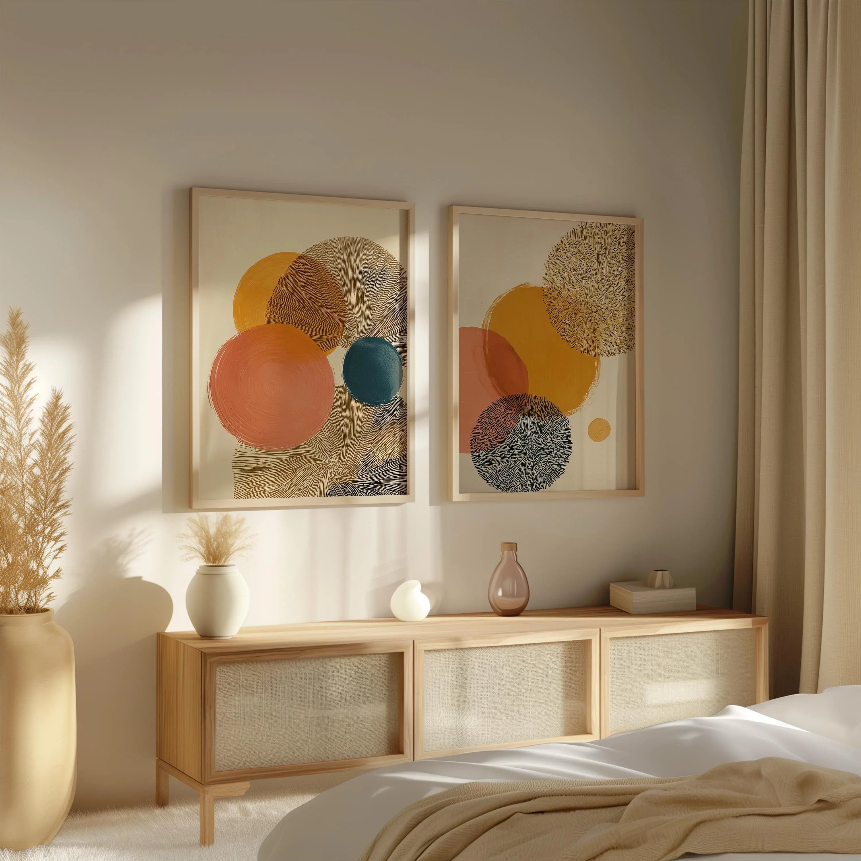 Abstract circle wall art set of 2 – mustard orange teal geometric decor