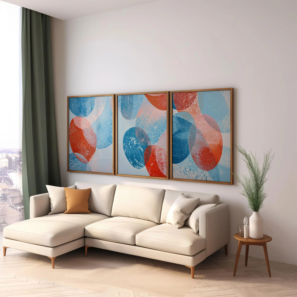 Abstract circle wall art set of 3 – bold blue red geometric mid-century decor