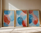 Abstract circle wall art set of 3 – bold blue red geometric mid-century decor