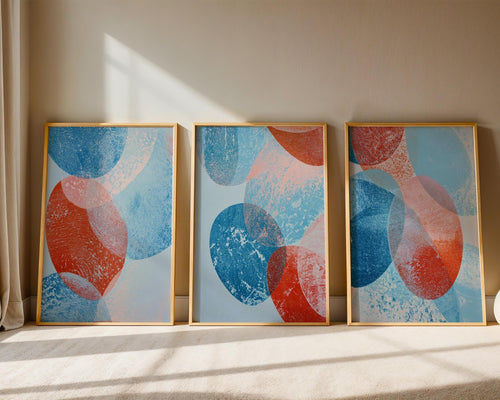Abstract circle wall art set of 3 – bold blue red geometric mid-century decor