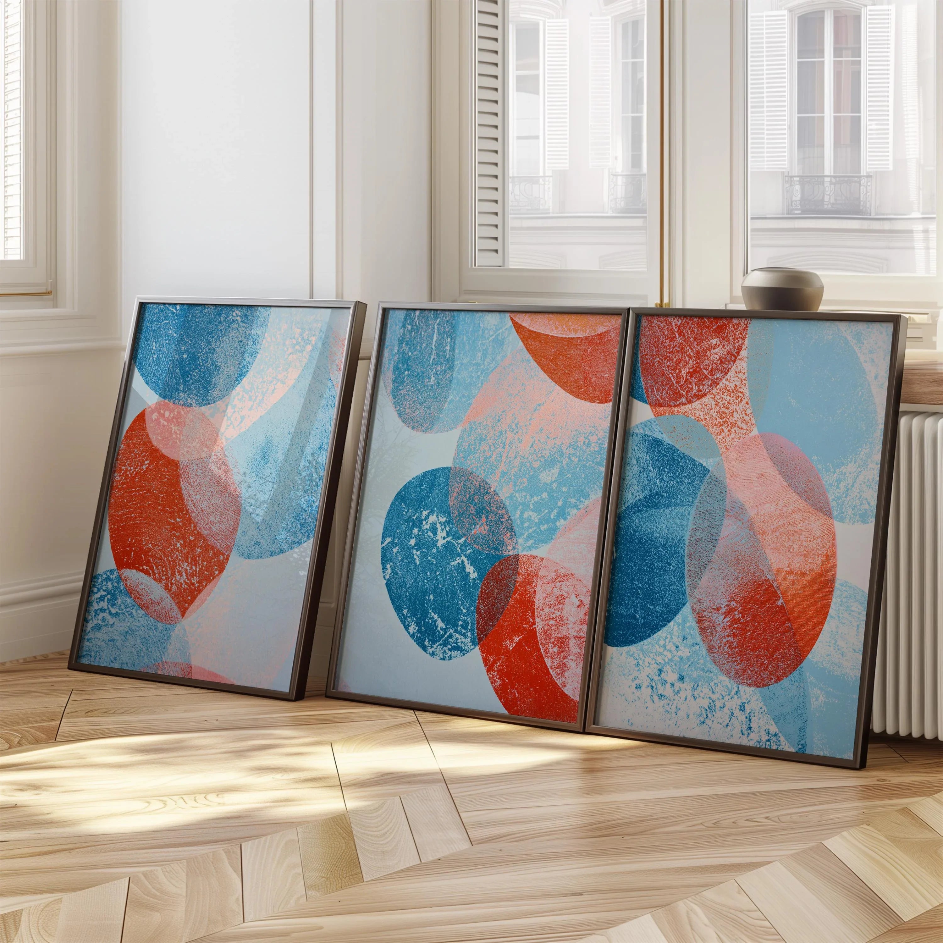 Abstract circle wall art set of 3 – bold blue red geometric mid-century decor