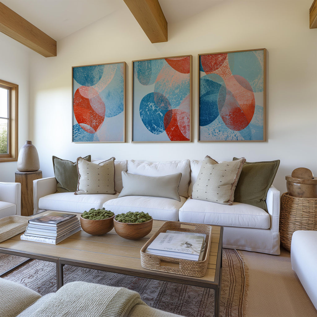 Abstract circle wall art set of 3 – bold blue red geometric mid-century decor