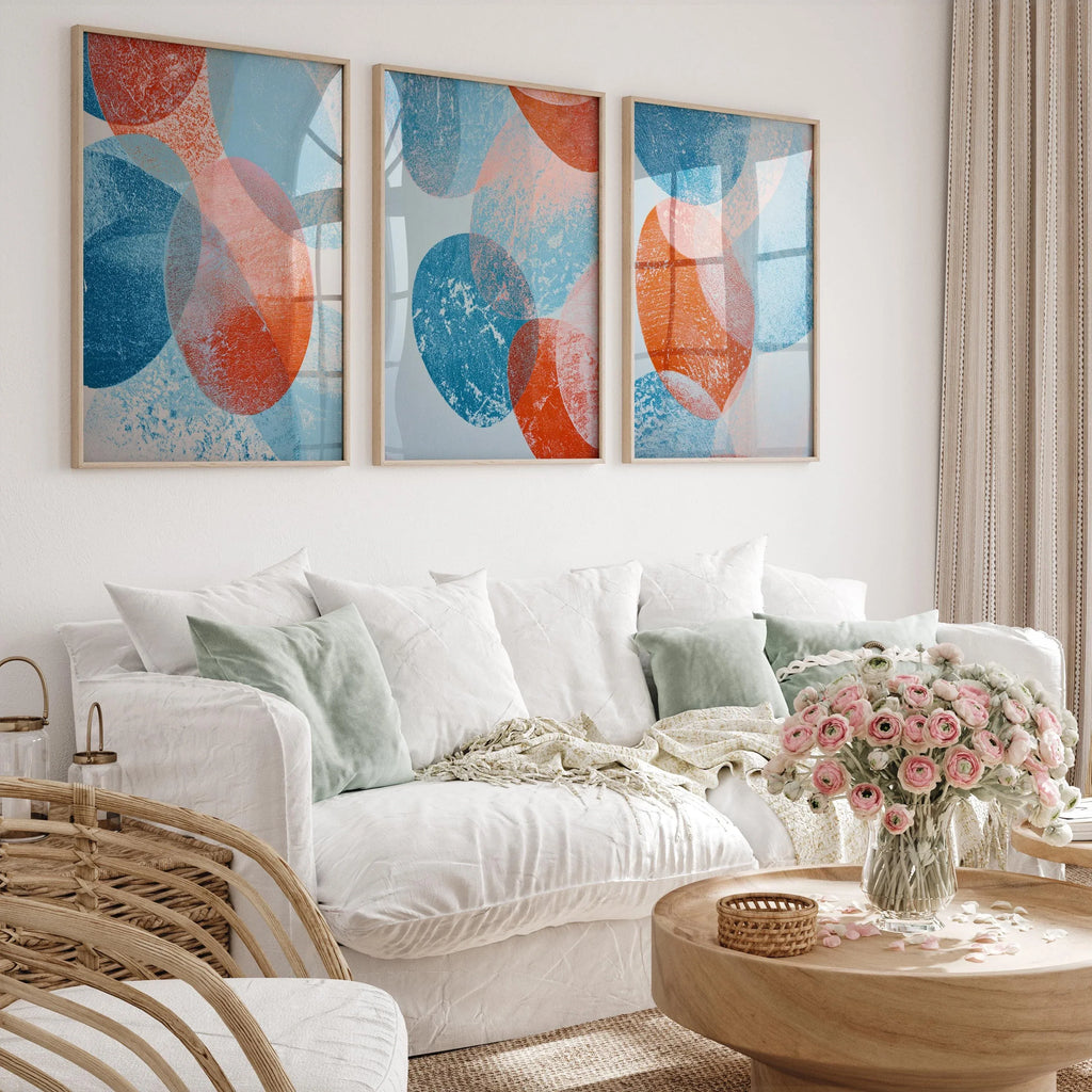 Abstract circle wall art set of 3 – bold blue red geometric mid-century decor