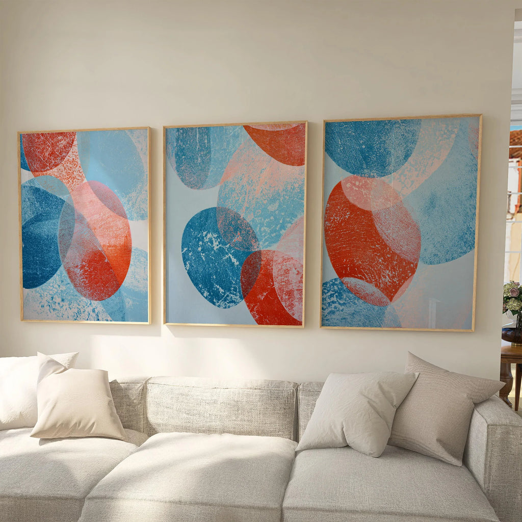 Abstract circle wall art set of 3 – bold blue red geometric mid-century decor