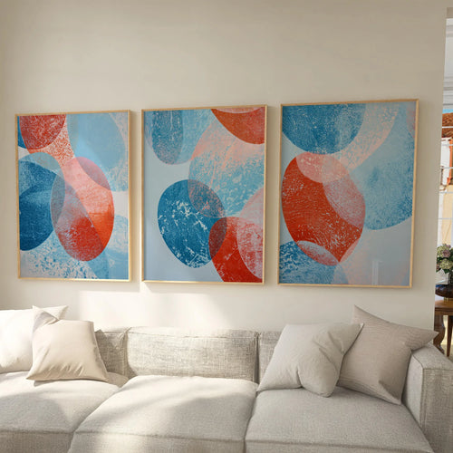 Abstract circle wall art set of 3 – bold blue red geometric mid-century decor