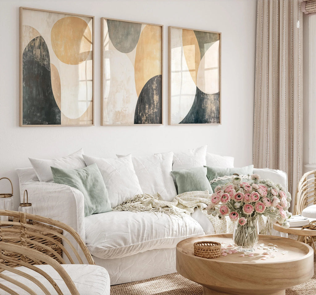 Abstract circular wall art triptych – beige and green geometric shapes decor