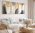Abstract circular wall art triptych – beige and green geometric shapes decor
