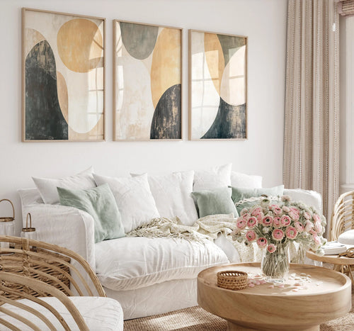 Abstract circular wall art triptych – beige and green geometric shapes decor