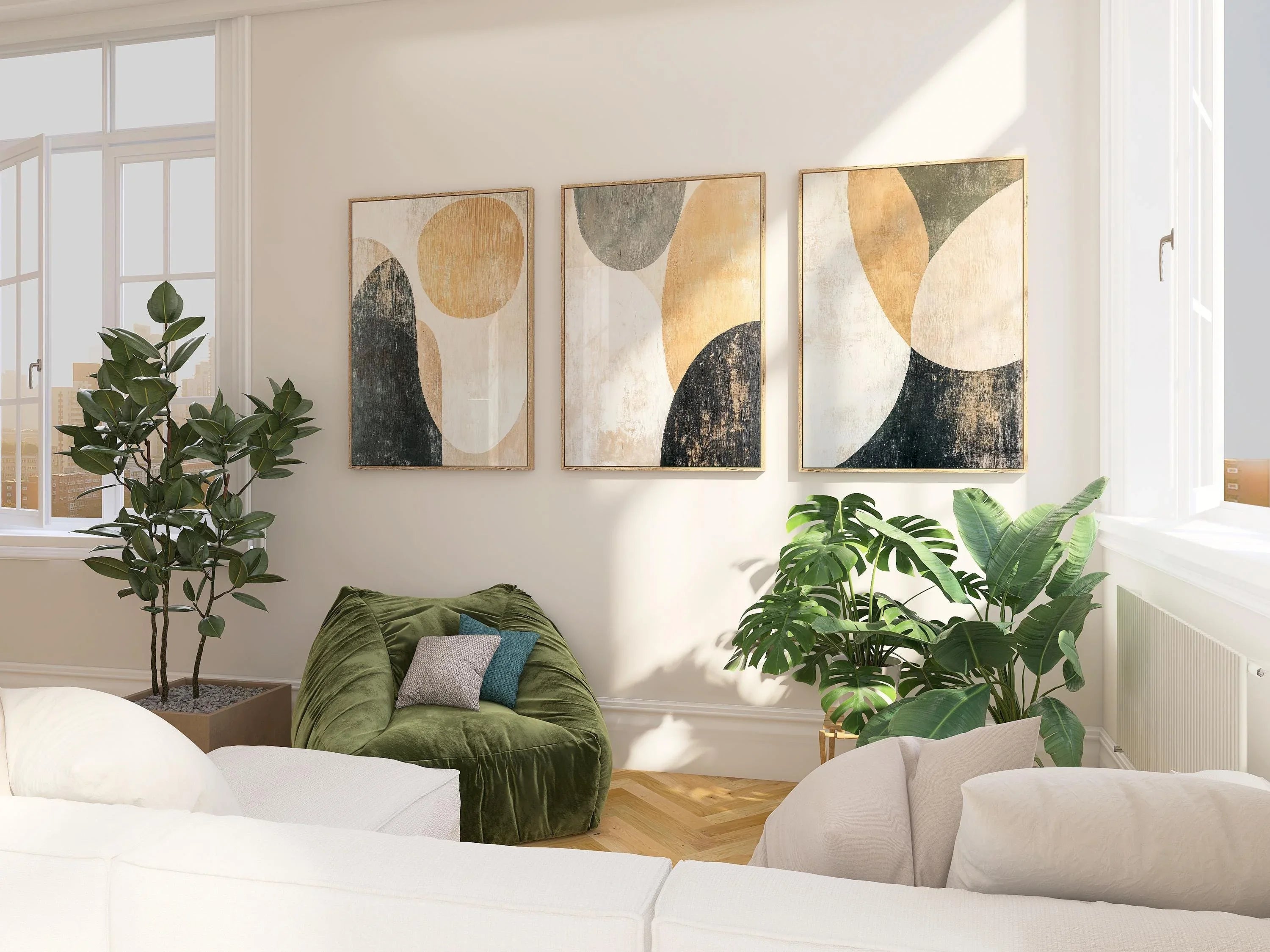 Abstract circular wall art triptych – beige and green geometric shapes decor