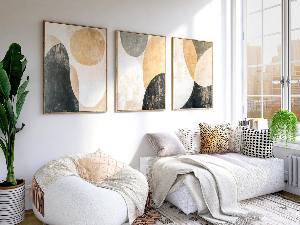 Abstract circular wall art triptych – beige and green geometric shapes decor