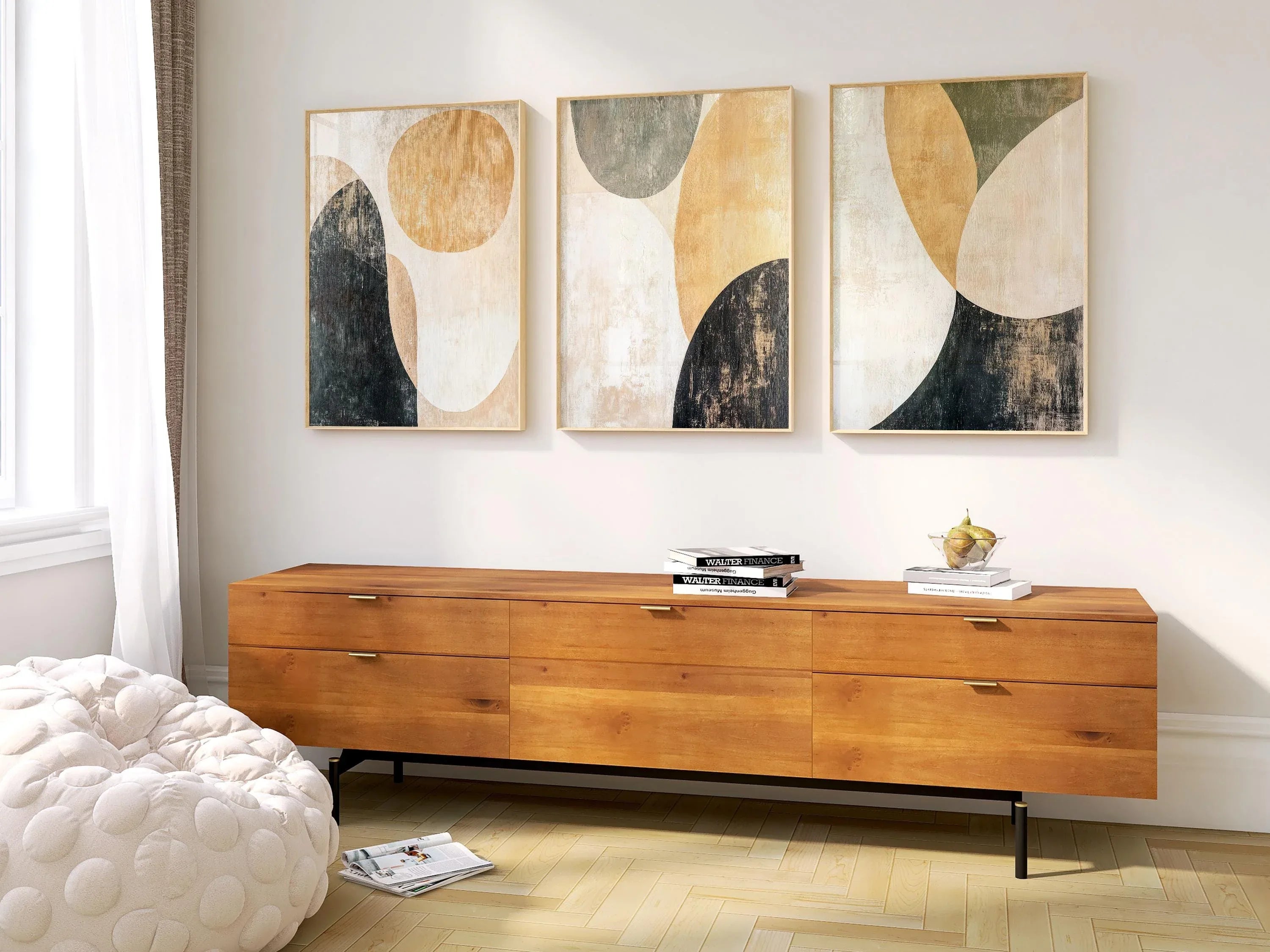 Abstract circular wall art triptych – beige and green geometric shapes decor