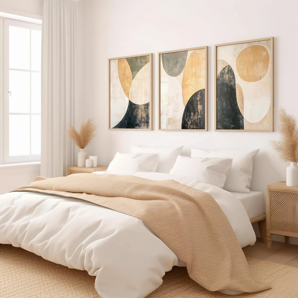 Abstract circular wall art triptych – beige and green geometric shapes decor