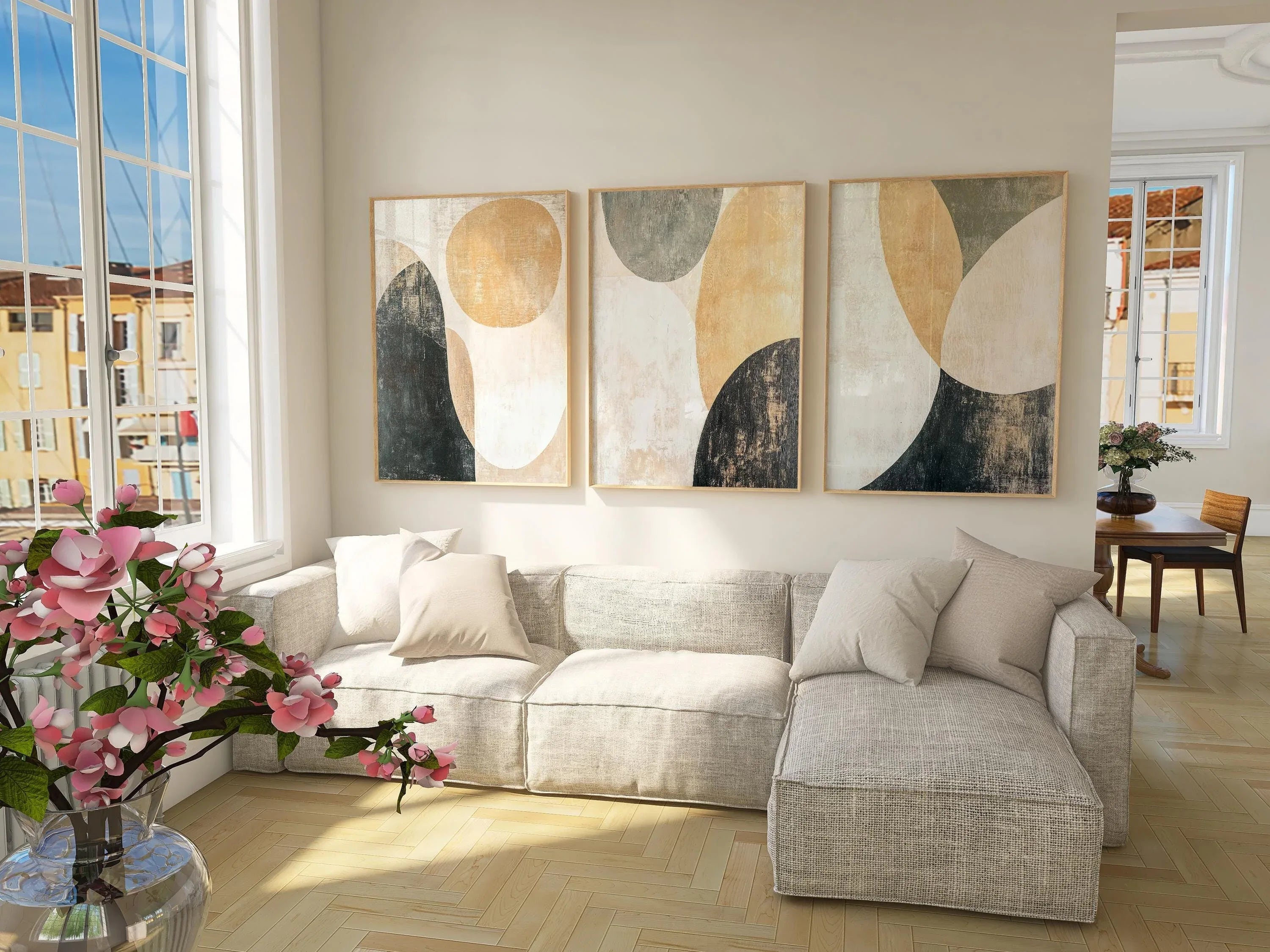 Abstract circular wall art triptych – beige and green geometric shapes decor