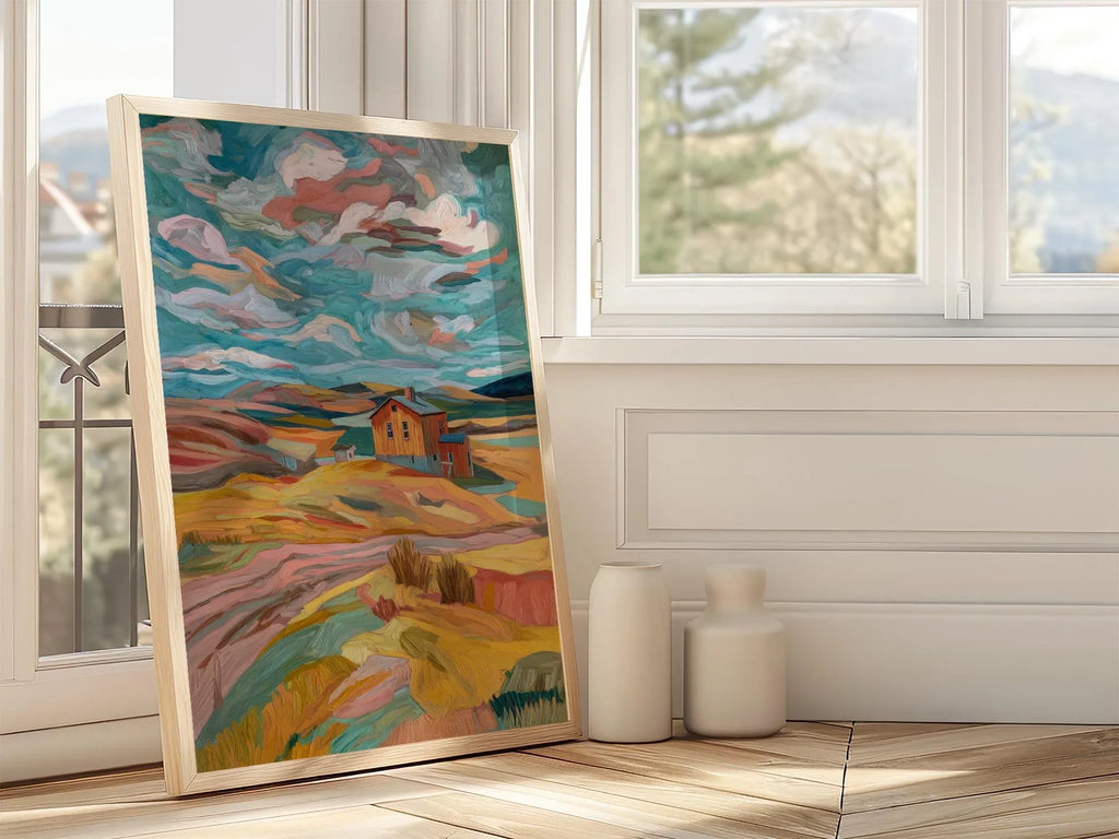 Abstract farmhouse landscape wall art – modern impressionist countryside