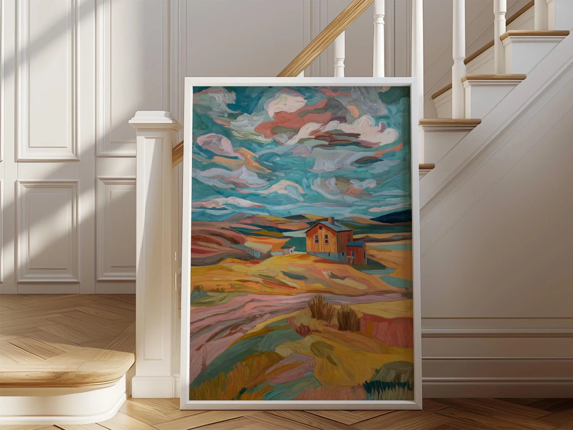 Abstract farmhouse landscape wall art – modern impressionist countryside