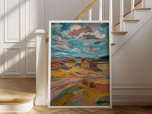 Abstract farmhouse landscape wall art – modern impressionist countryside