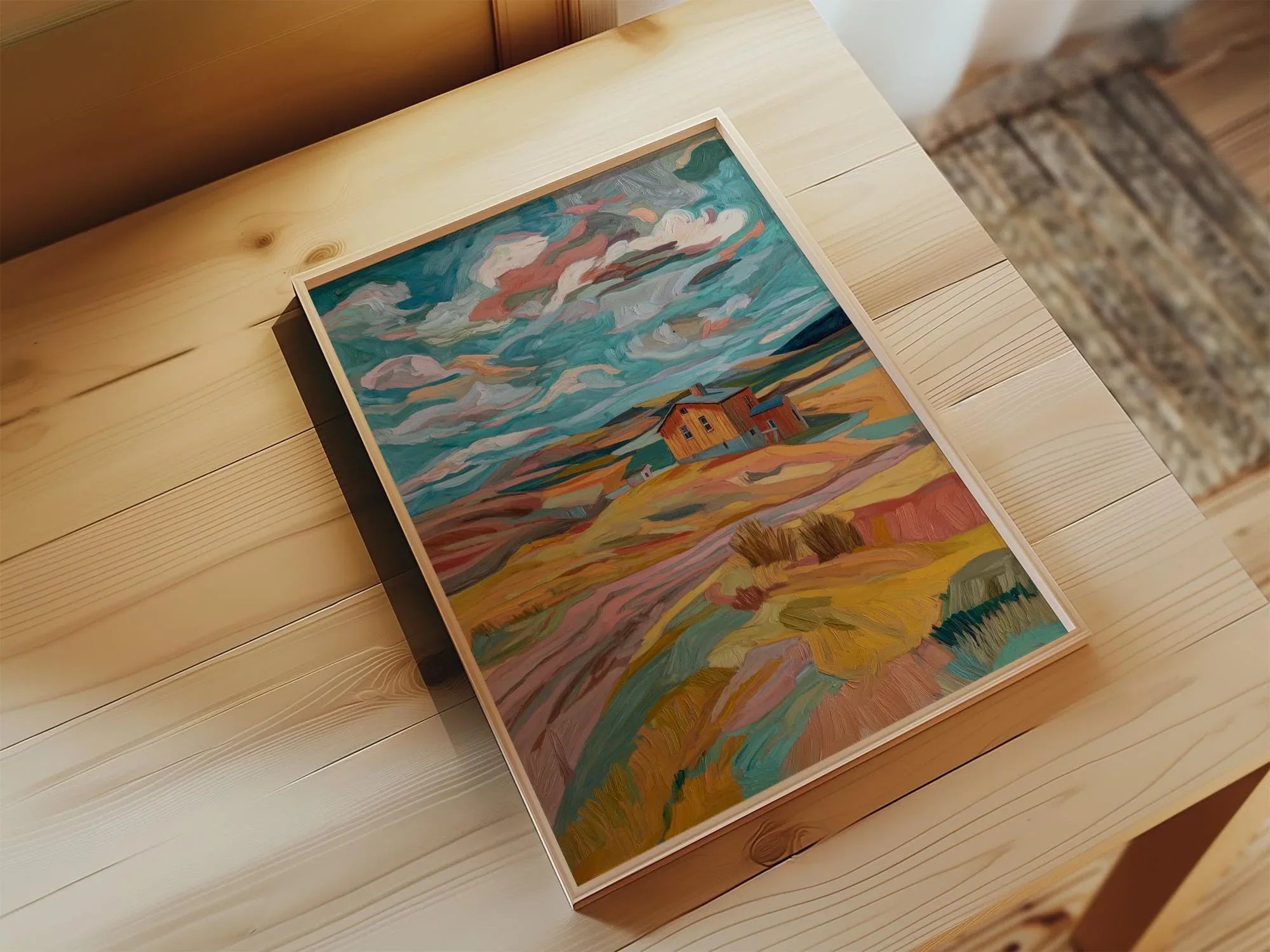 Abstract farmhouse landscape wall art – modern impressionist countryside