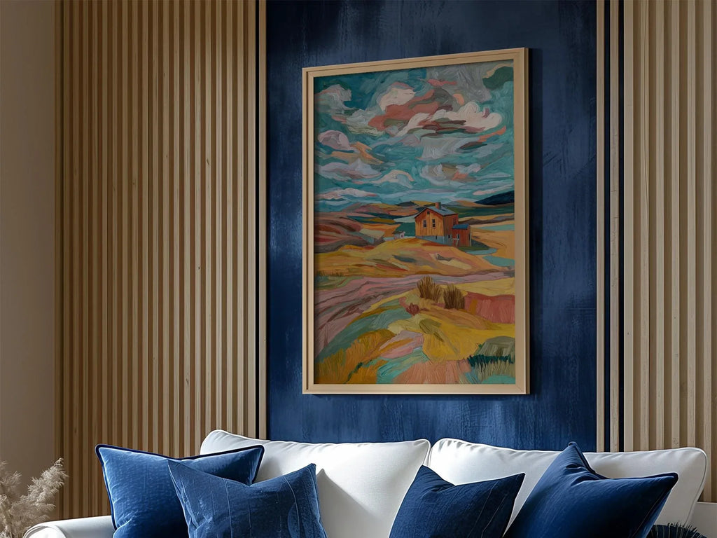 Abstract farmhouse landscape wall art – modern impressionist countryside