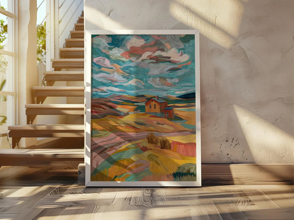 Abstract farmhouse landscape wall art – modern impressionist countryside