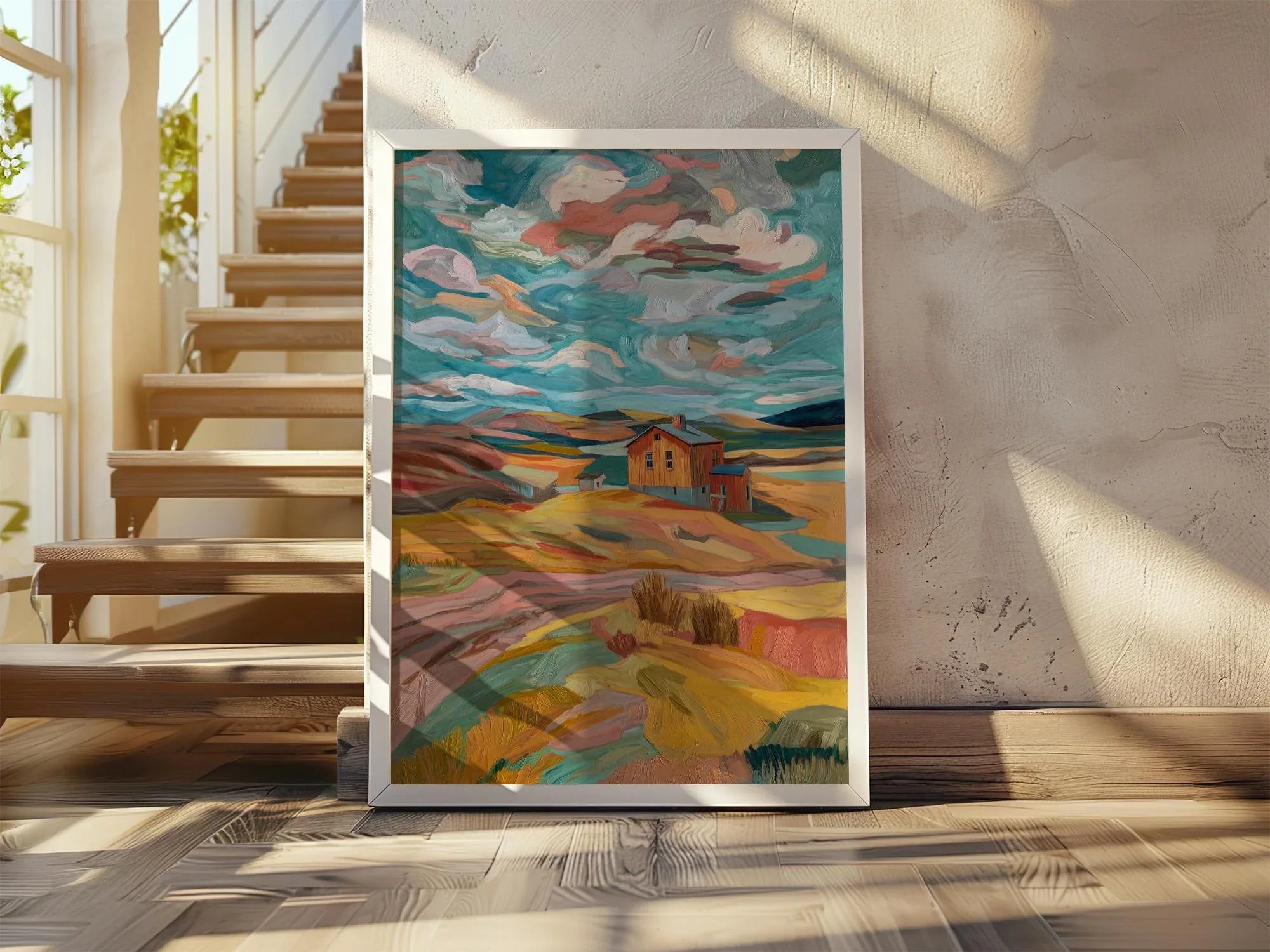 Abstract farmhouse landscape wall art – modern impressionist countryside