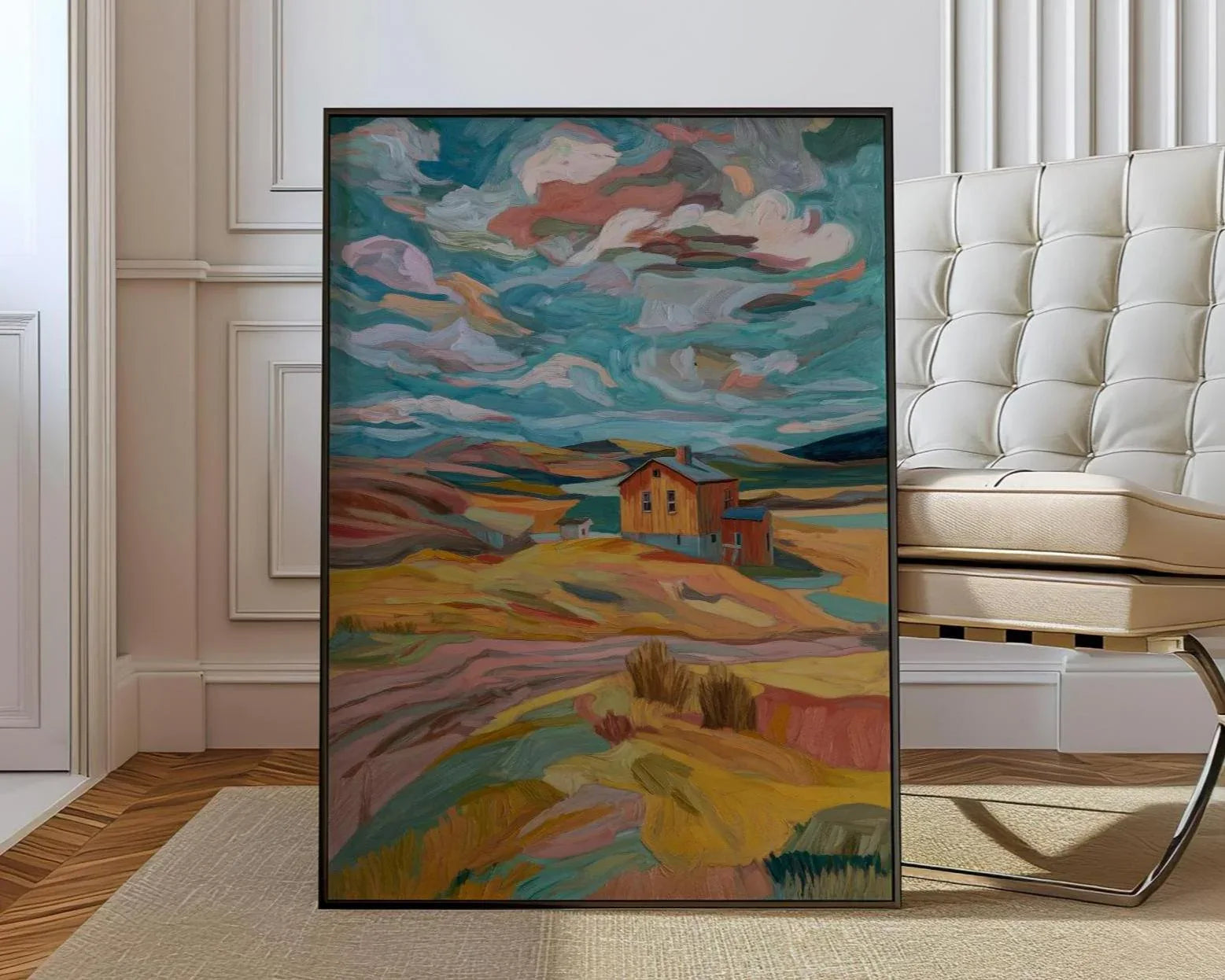 Abstract farmhouse landscape wall art – modern impressionist countryside