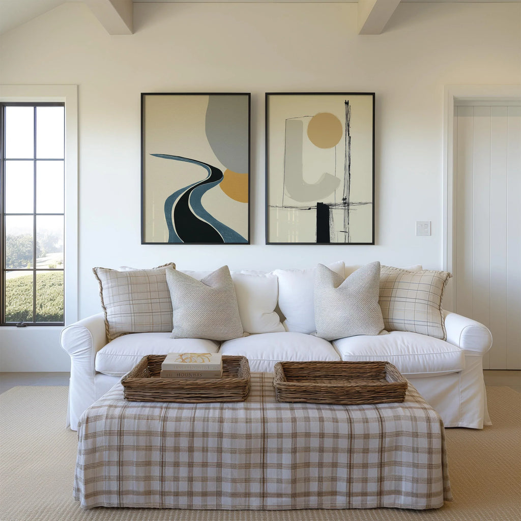 Abstract geometric wall art set – modern minimalist black line mustard decor