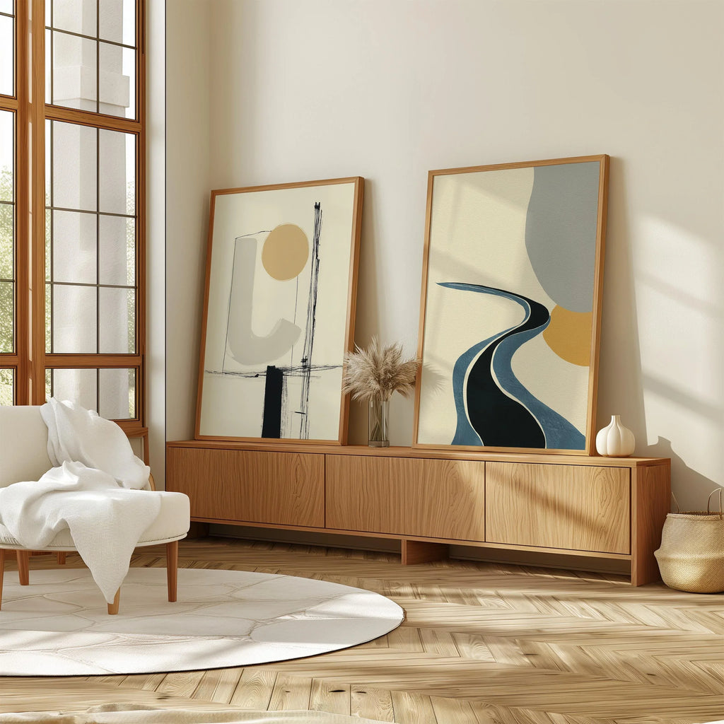 Abstract geometric wall art set – modern minimalist black line mustard decor