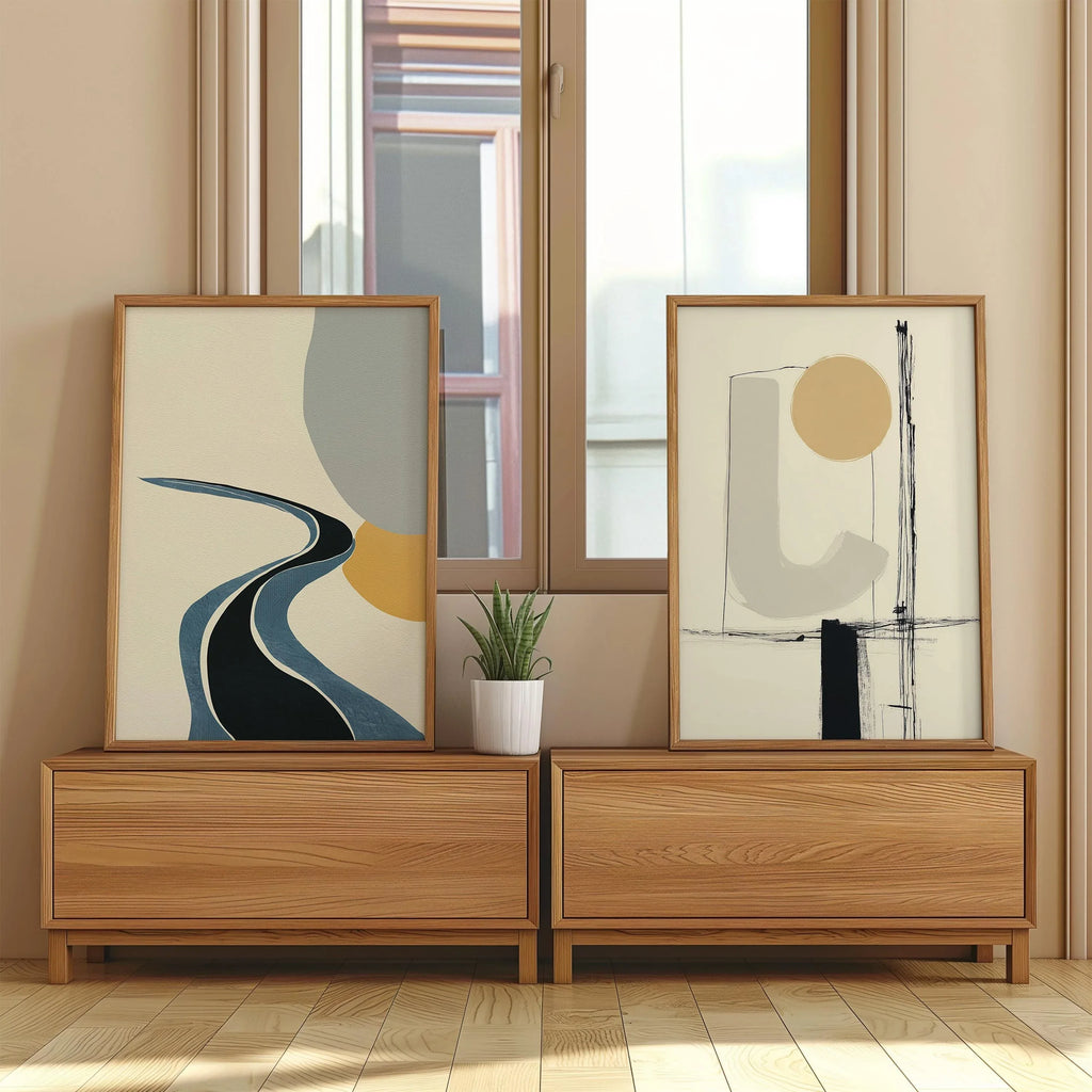 Abstract geometric wall art set – modern minimalist black line mustard decor