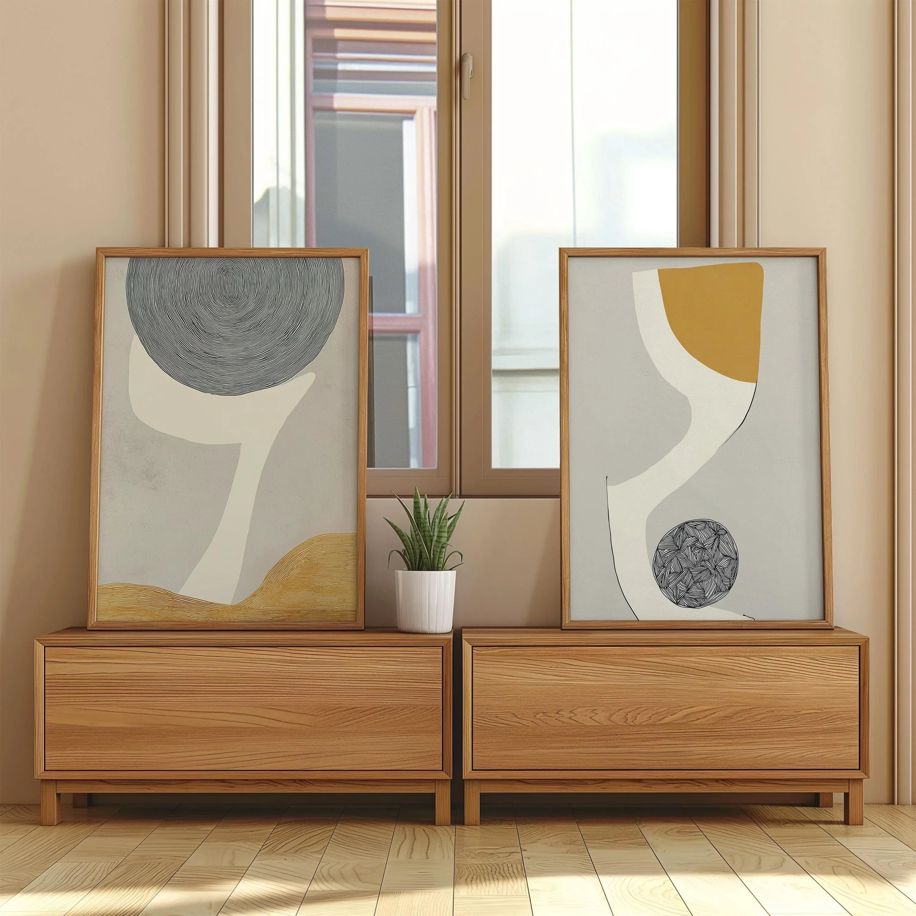 Abstract geometric wall art set of 2 – neutral mustard gray modern decor