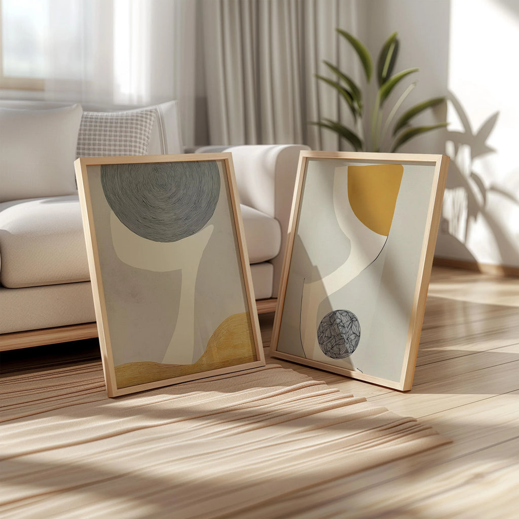 Abstract geometric wall art set of 2 – neutral mustard gray modern decor