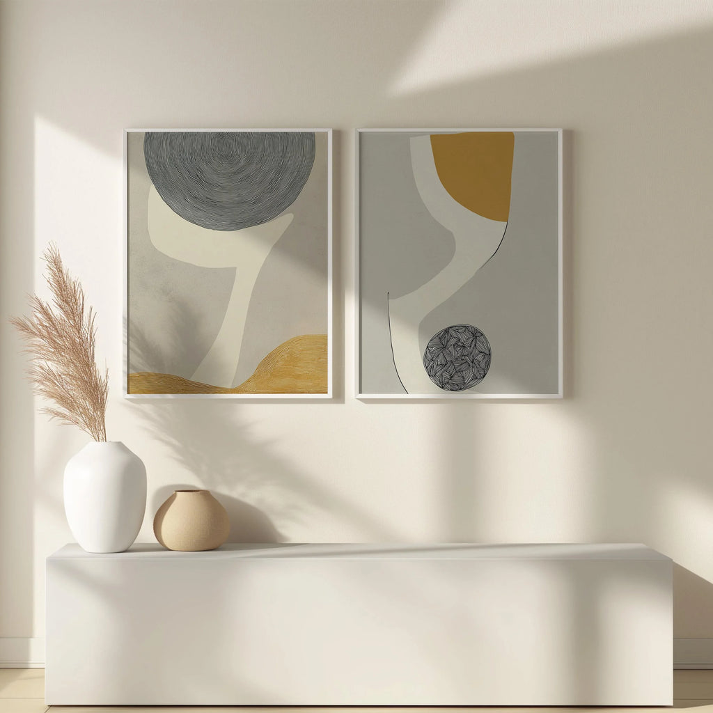 Abstract geometric wall art set of 2 – neutral mustard gray modern decor