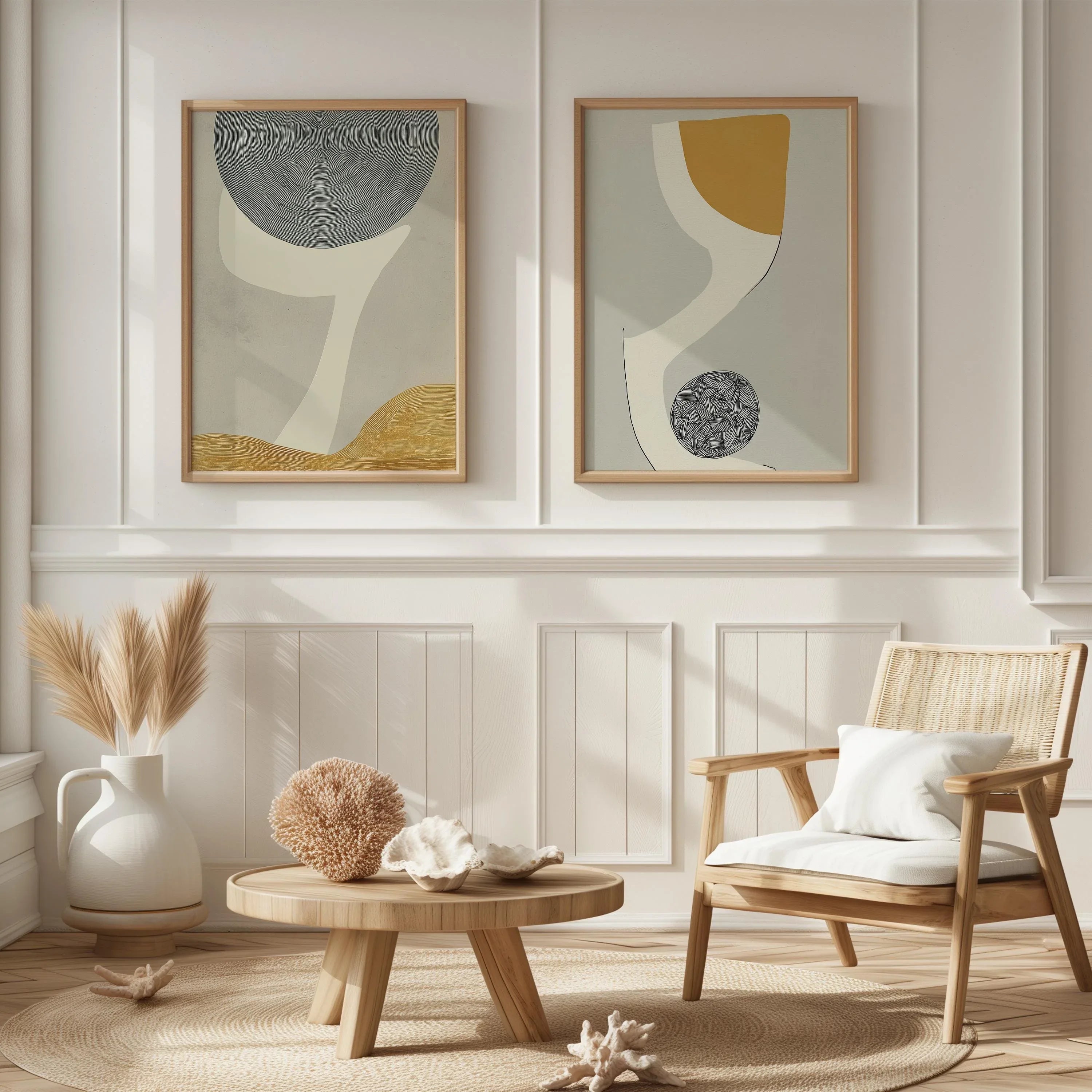 Abstract geometric wall art set of 2 – neutral mustard gray modern decor