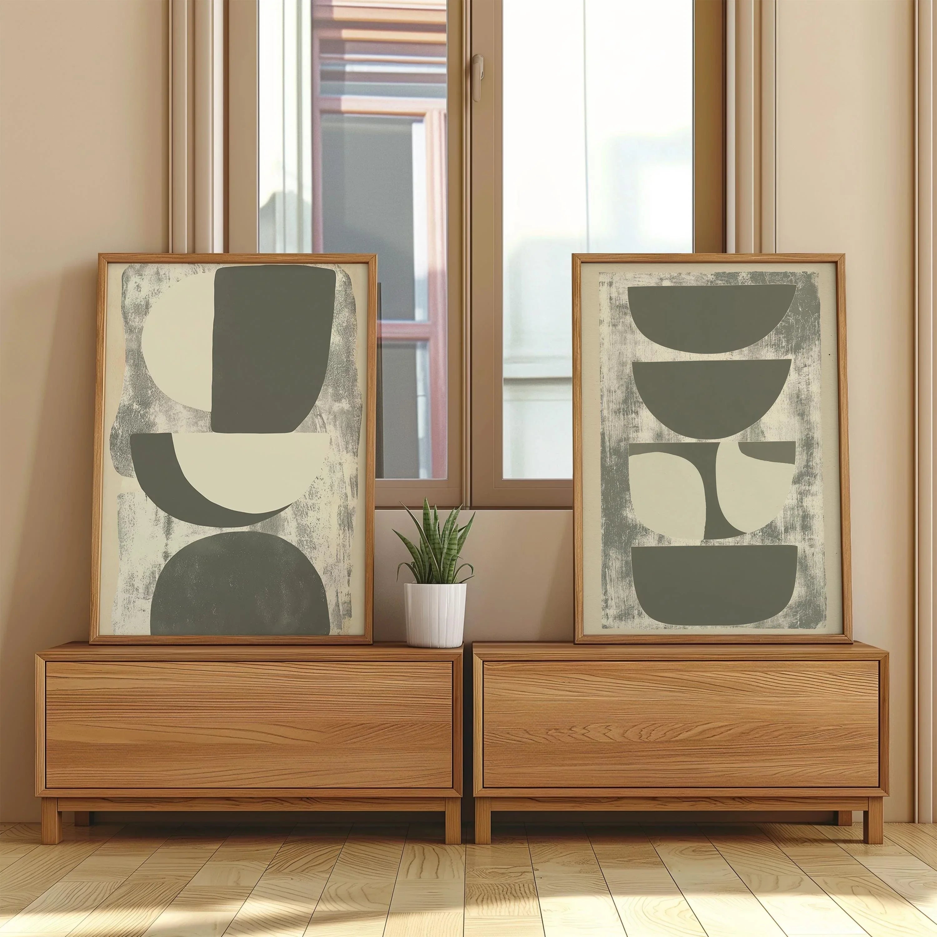 Abstract geometric wall art set of 2 – neutral beige gray minimalist decor