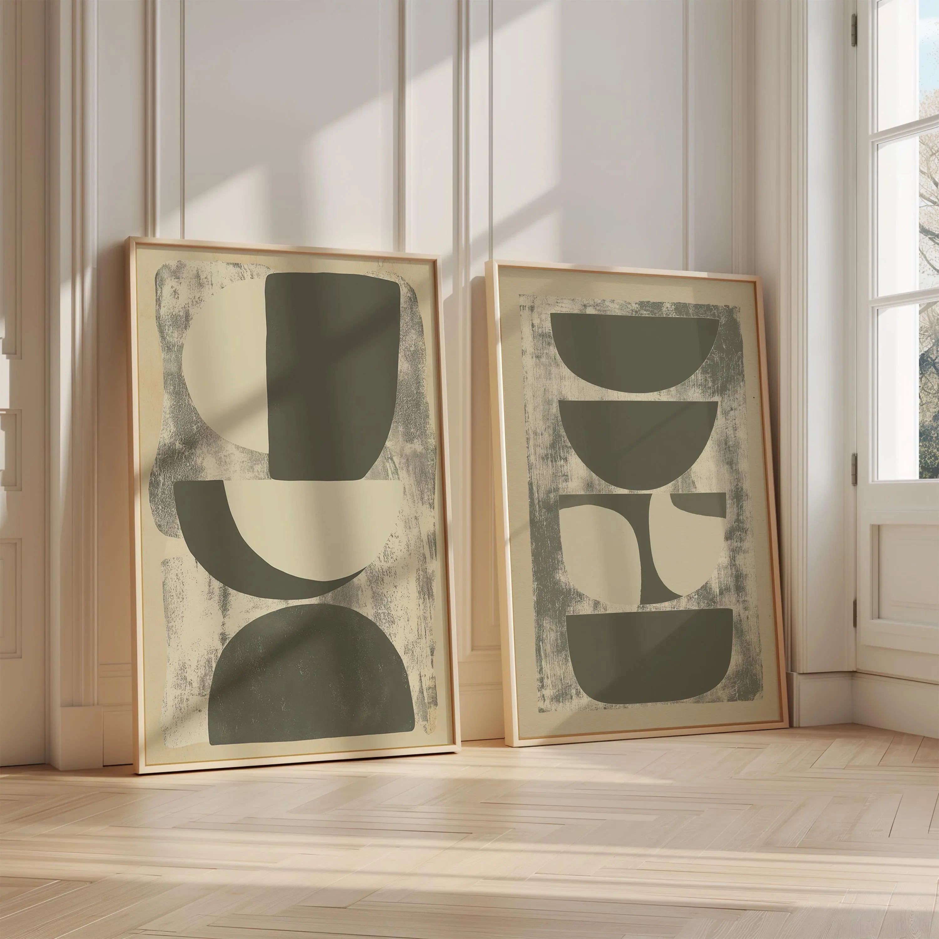 Abstract geometric wall art set of 2 – neutral beige gray minimalist decor