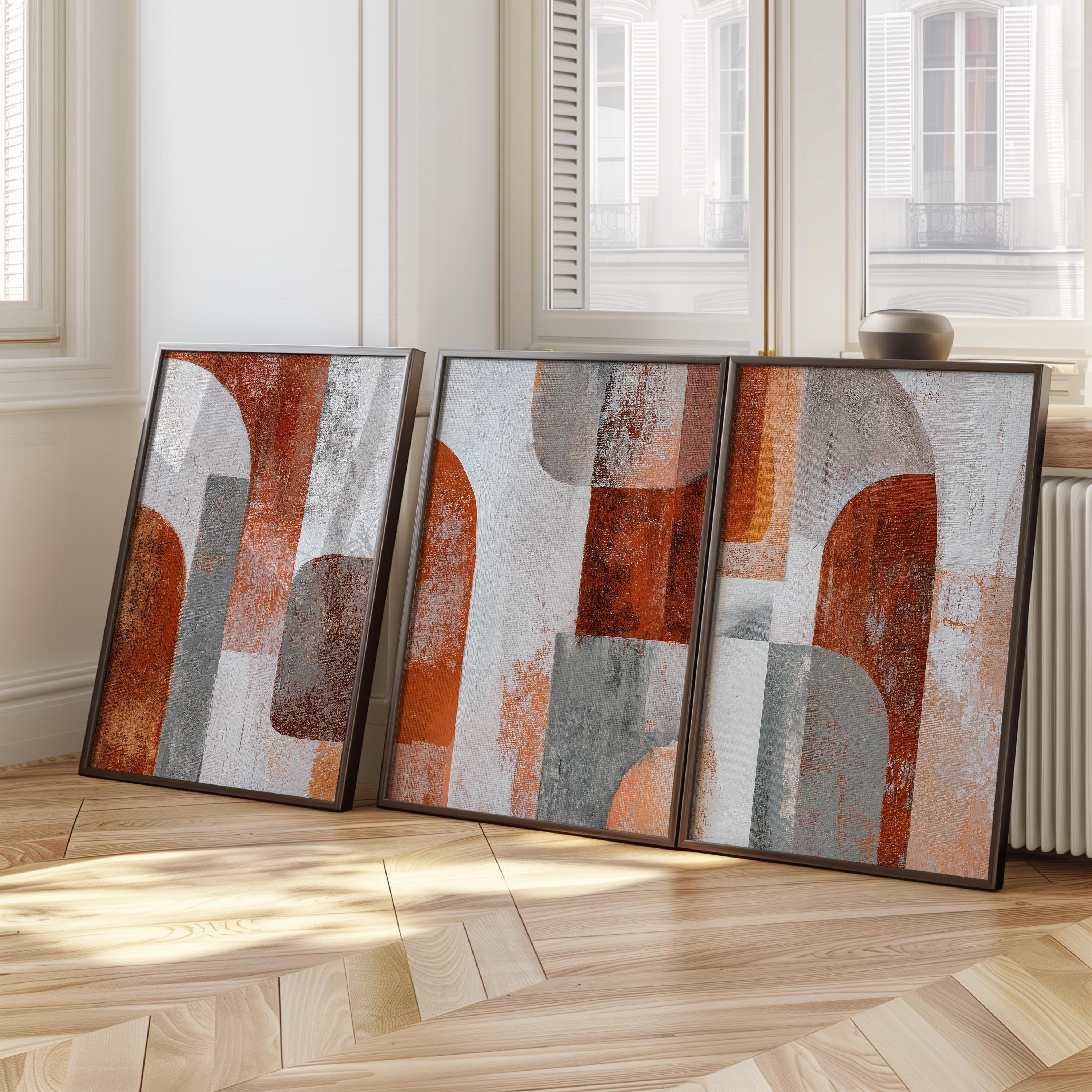 Abstract geometric wall art set of 3 – rust orange gray earth tone decor